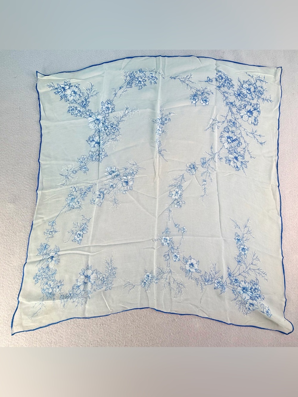 Vintage Floral Scarf Blue Rose 27X30 Sheer Boho Cover Belt Accent Feminine